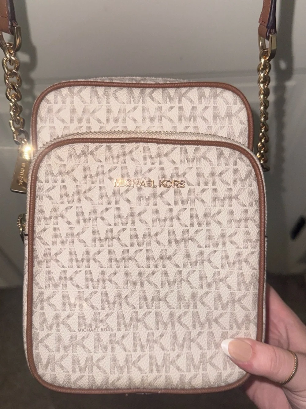 Michael Kors Cream Logo Crossbody Bag with Brown Trim